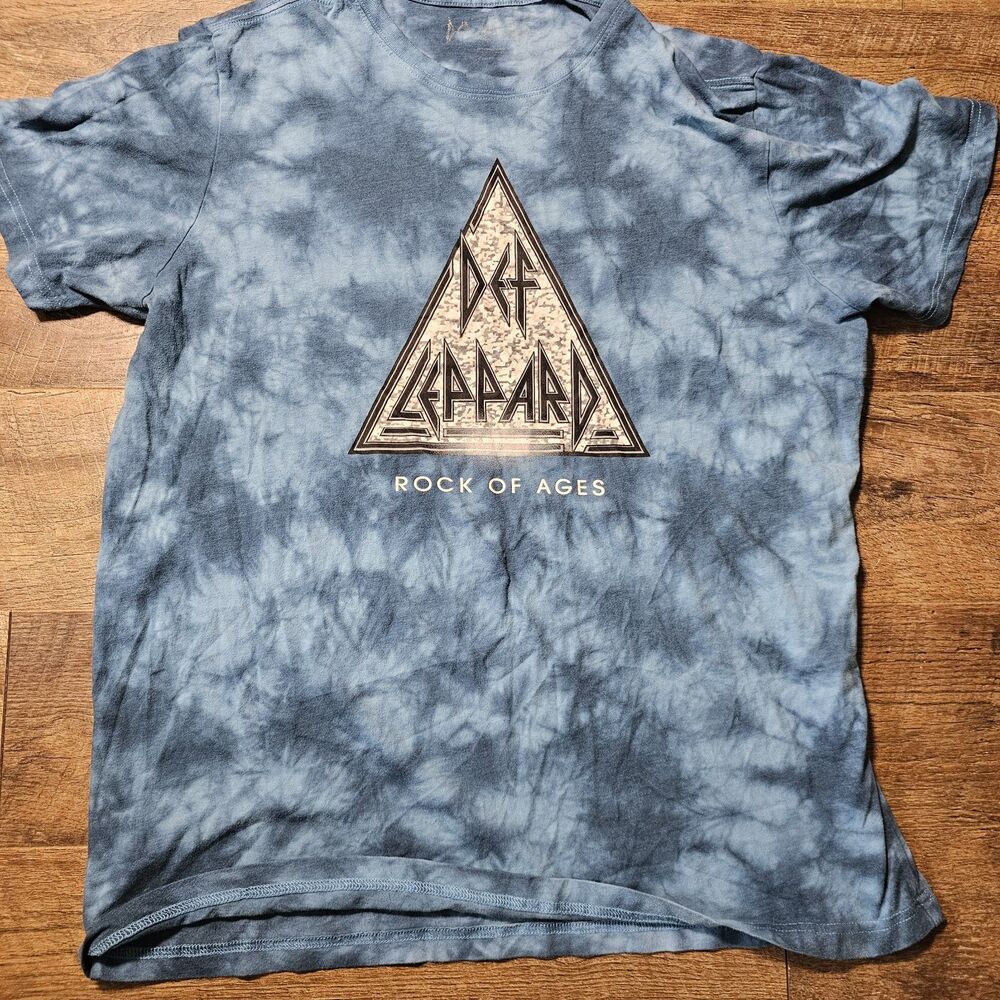 Def Leppard Band T-Shirt Size XL Blue Tie Dye Rock of Ages